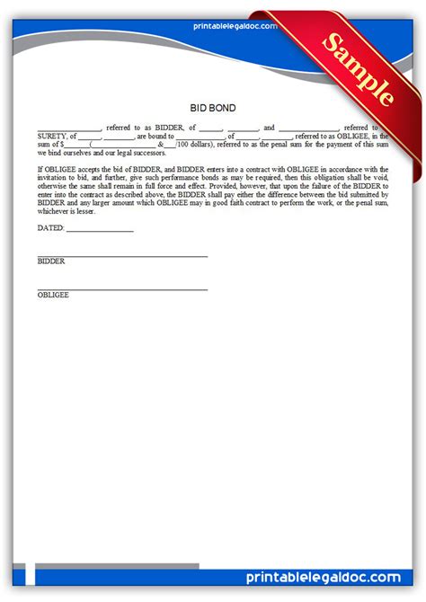 Free Printable Bid Bond Form Generic