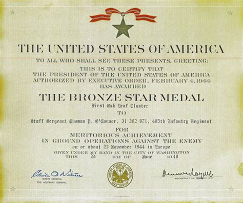 Bronze Star Certificate Front Bronze Star Medal Back Bronze Star