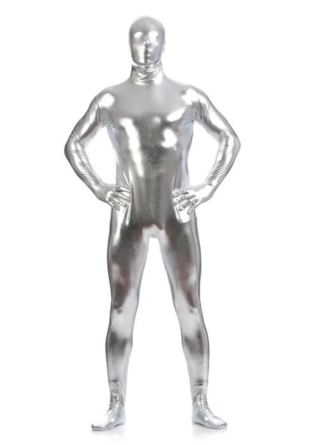 Silver Metallic Zentai Bodysuit Second Skin Tight Suit Full Body Shiny