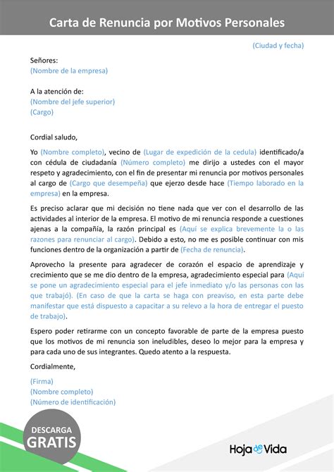 Carta De Renuncia Por Motivos Personales Ciudad Y Fecha Se Ores