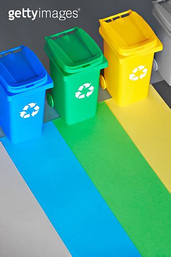 Three Color Coded Recycle Bins Isometric Picture On Grey Paper Copy