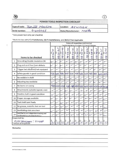 Hugrs Power Tools Inspection Checklist August 2021 Pdf