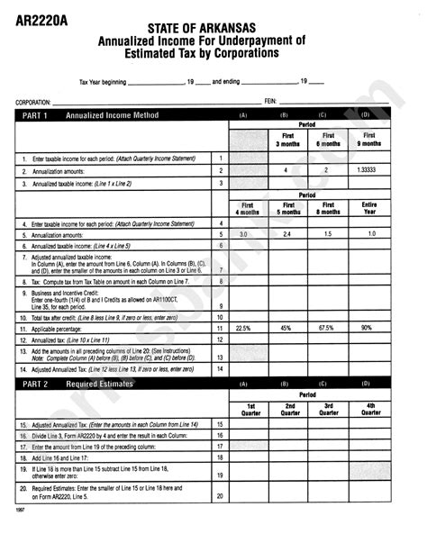 Fillable Form Ar2220a Annualized Income For Underpayment Of Estimated