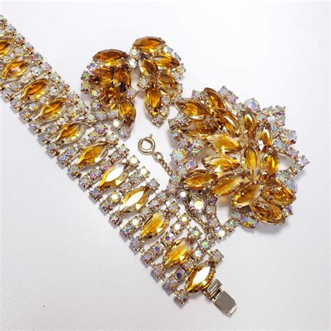 Vintage Demi Parure Aurora Borealis And Amber Crystals Earrings Bracelet Necklace For Sale At