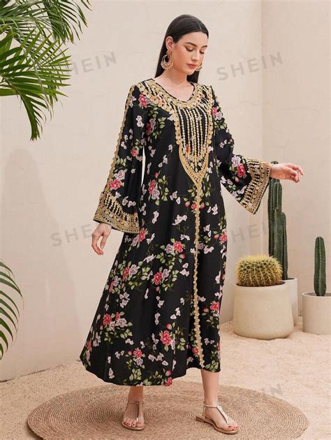 Shein Najma Flower Print And Embroidery Design Flare Sleeve Dress