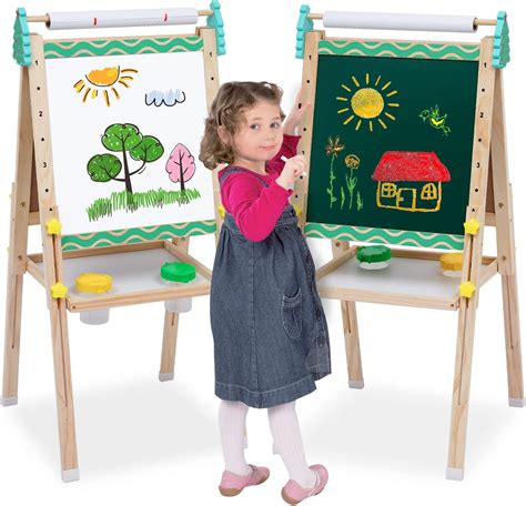 Kids Easel With Paper Roll Wooden Art Easel With Magnetic Chalkboard