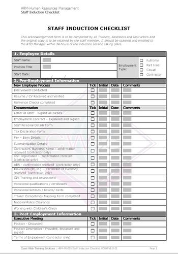 Staff Induction Checklist Form Coast Wide Training