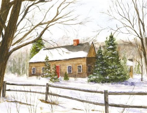 Cozy Country Cottage Watercolor Snowy Winter Scene Pine Trees In The