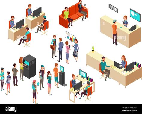 Isometric Bank Clients And Employees For 3d Banking Services Vector Concept Interior Bank With