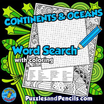 Continents Oceans Word Search Puzzle With Coloring Geography Wordsearch