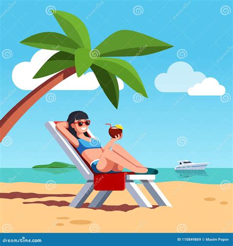 Woman In Swimsuit Sunbathing At Sea Beach Stock Vector Illustration