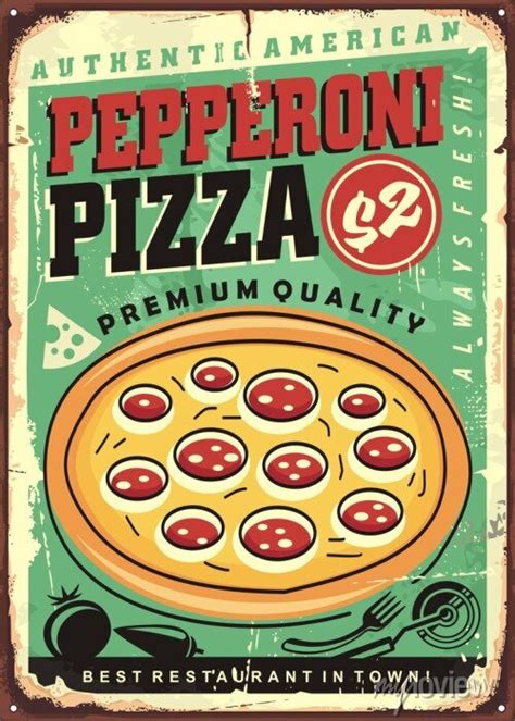 Authentic American Pepperoni Pizza Vintage Restaurant Sign With Wall