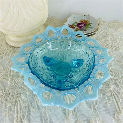 Antique Northwood Shell And Wild Rose Footed Candy Dish Nut Bowl Blue Cerulean Opalescent