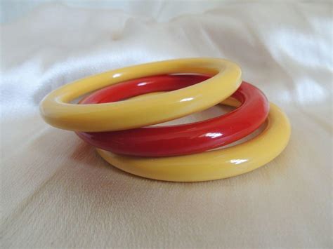 Bakelite Bracelets Red And Yellow Stacked Set Of 3 From