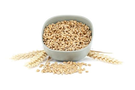 Bowl Filled With Wheat Grains And Ear Of Wheat Isolated On White Stock