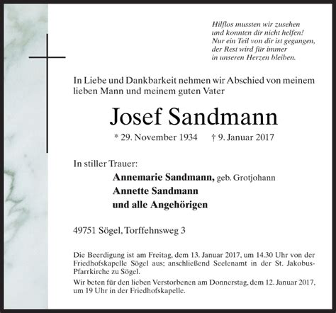 Traueranzeigen Von Josef Sandmann Noz Trauerportal