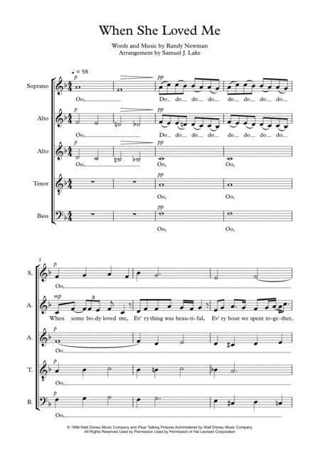 When She Loved Me By Randy Newman 4 Part Digital Sheet Music