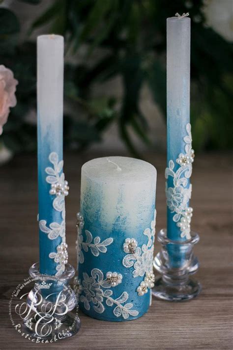 Wedding Pillar Candles Airy Blue White Unity Candles Rustic Chic