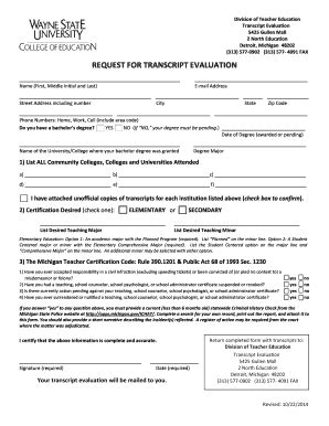 Fillable Online Coe Wayne Request For Transcript Evaluation Form