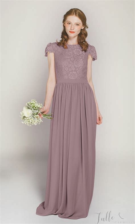 Cap Sleeves Long Lace And Chiffon Bridesmaid Dress Tbqp322d