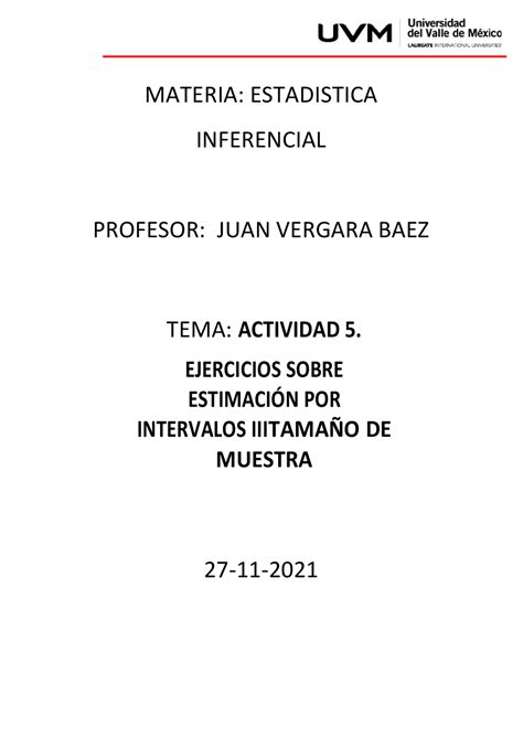 Actividd 5 Estadistica Inferencial Ejercicios De Estadística Docsity