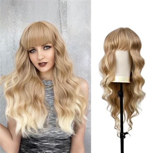 Qingchuang Ombre Blonde Wigs With Bangs Long Wavy Wig