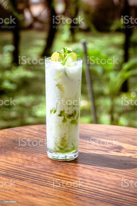 Green Apple Yogurt Drinking High Ball Glass High Resolution Stock Photo