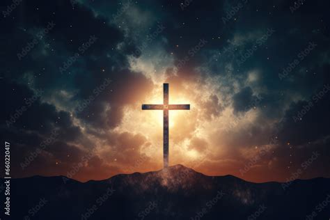 Cross Illuminated In Dark Sky With Clouds God Religion Generative Ai Stock Illustration