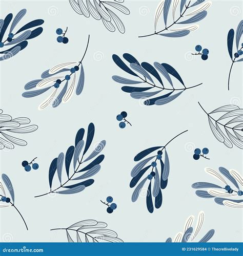 Calm Pastel Blue Natural Seamless Pattern With Blue Leaves And Berries