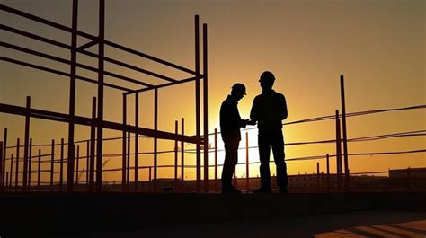 Silueta De Ingeniero Y Trabajador Revisando El Proyecto En El Fondo Del