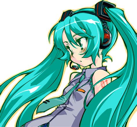 Safebooru Aqua Eyes Aqua Hair Hatsune Miku Headphones Headset Long Hair Myuratch Necktie Solo