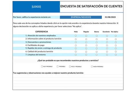 Formato Encuesta de Satisfacción del Cliente en PDF y Excel