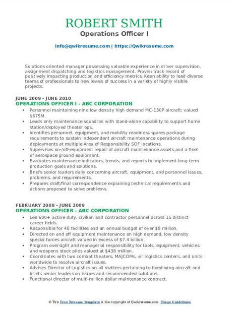 Operations Officer Resume Samples QwikResume