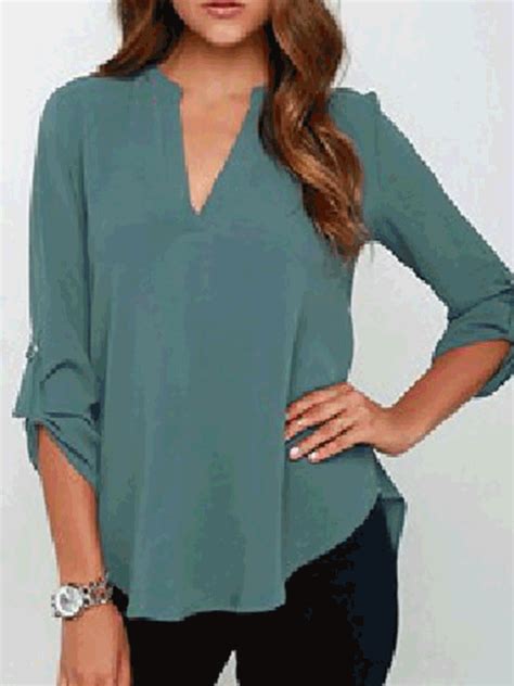 V Neck Solid Chiffon Simple T Shirt Long Sleeve Shirts Shirt Blouses