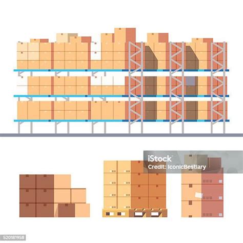 재고 창고 선반 판지 상자 창고에 대한 스톡 벡터 아트 및 기타 이미지 창고 가득 찬 개념 Istock