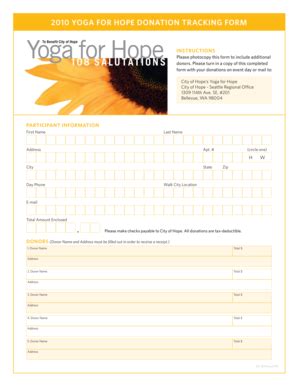 Fillable Online 2010 YOGA FOR HOPE DONATION TRACKING FORM City Of