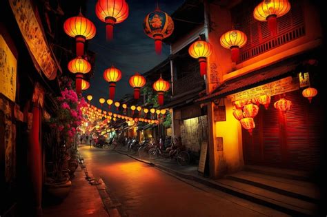 Premium Photo Red Chinese Lanterns Hung In Streets As Decoration For Chinese New Year