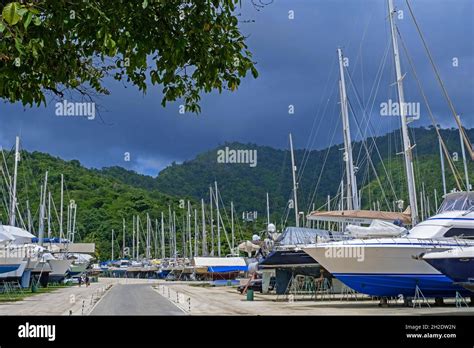 Yachts And Sailing Boats On Dry Dock In The Harbour Of Chaguaramas Near