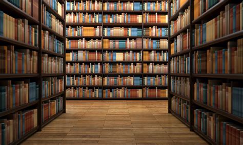 Library Aisle With Wooden Shelves And Hundreds Of Books Hd