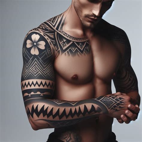 Male Tribal Sleeve Tattoo Design with Small Flower Motifs and ...