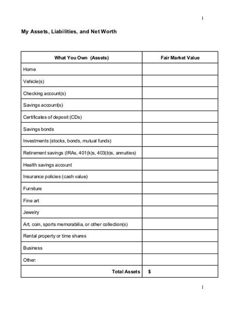 Asset And Liabilities Worksheets