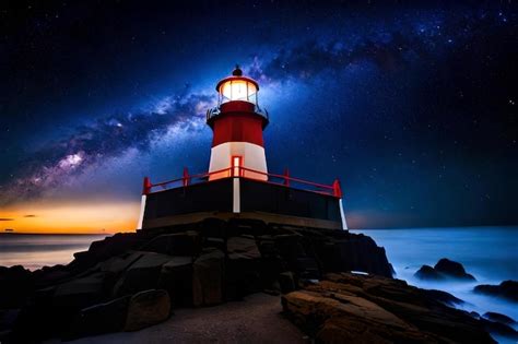 Premium Photo | A lighthouse sits on a rocky beach at night.