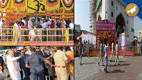 Amit Shah Visits Charminar To Offer Puja At Bhagyalaxmi Temple Youtube