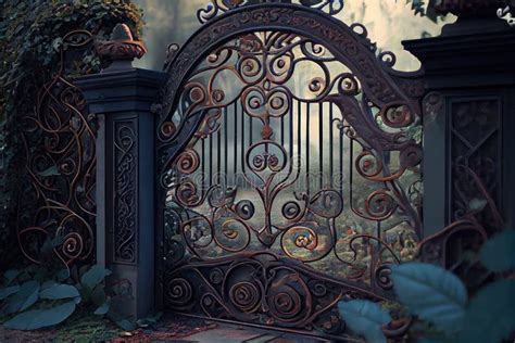 Iron Gates With Intricate Scrollwork And Carvings Leading To Serene