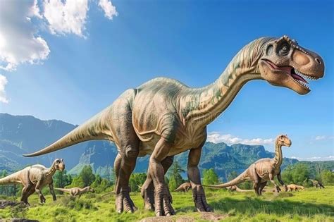 Dinosaurs In The Triassic Period Life In Green Grasslands Under Blue