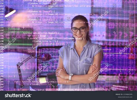 Double Exposure Beautiful Female Programmer Office Stock Photo