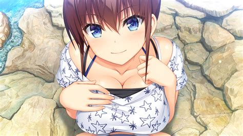 Aqua Eyes Asami Asami Blush Breasts Brown Hair Censored Cleavage Game