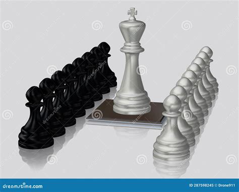 Silver Chess King With Pawns Against Black Pawns White Background