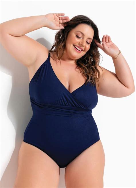 Maiô Plus Size Azul Transpassado Com Faixa Marguerite