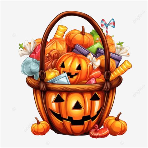 Halloween Trick Or Treat Pumpkin Bag Basket Full Of Candies And Sweets Cauldron Halloween